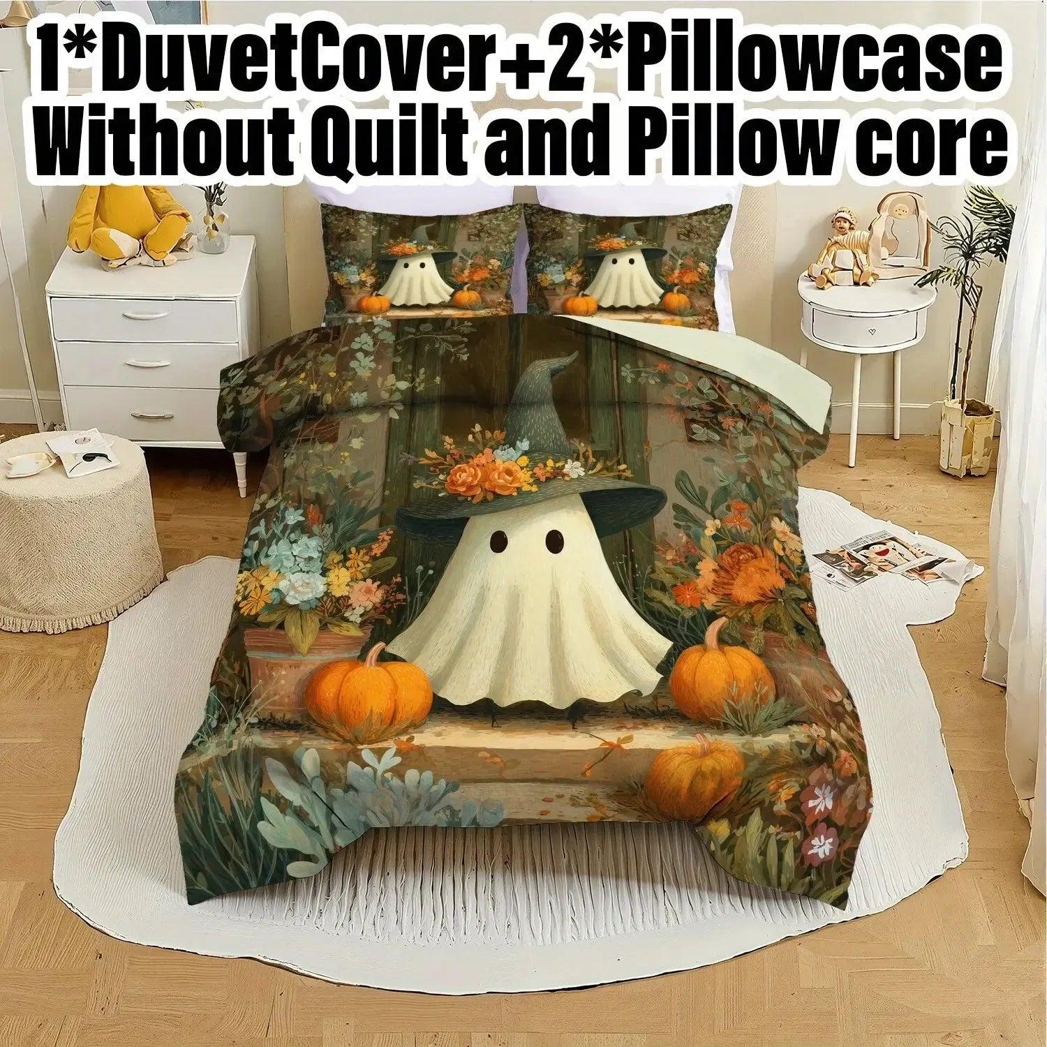 Spooky Pumpkin Ghost Duvet Cover Set Halloween Bedding Set Witch Home Decor-MoonChildWorld
