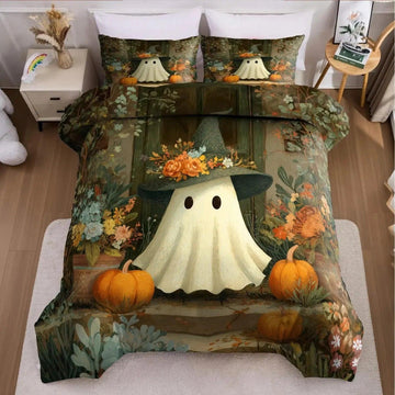 Spooky Pumpkin Ghost Duvet Cover Set Halloween Bedding Set Witch Home Decor-MoonChildWorld