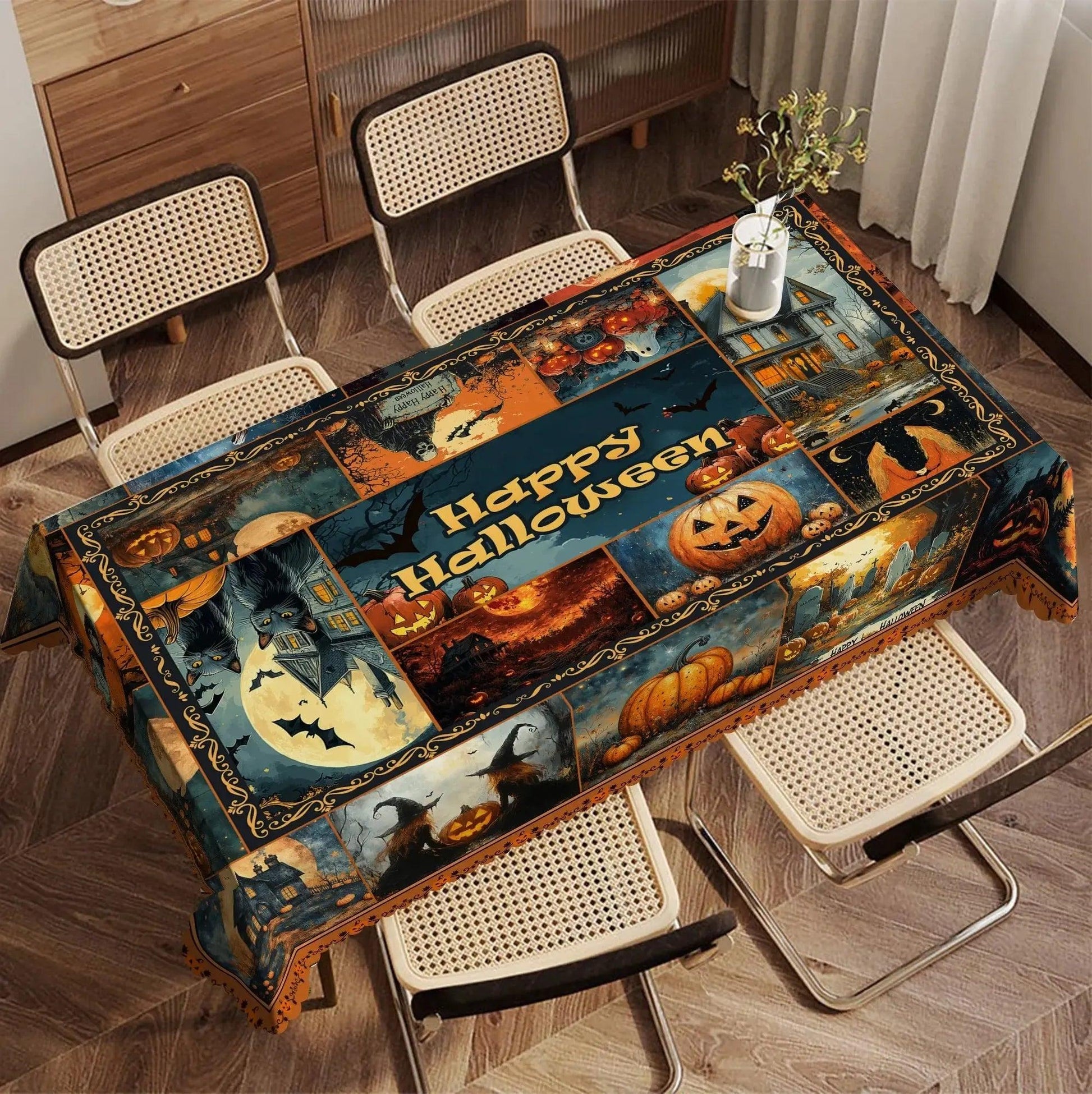 Spooky Pumpkin Haunted House Gothic Halloween Tablecloth - Witch Tablecloth Table Decoration-MoonChildWorld