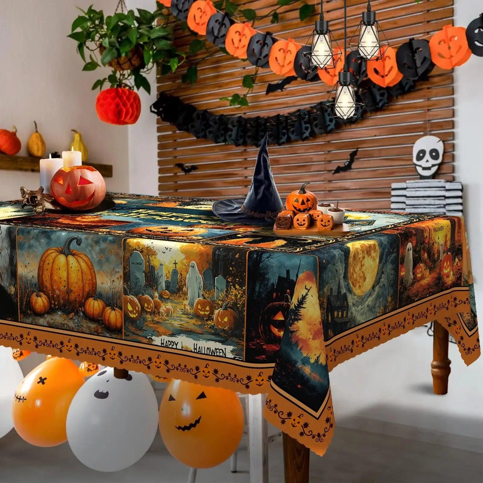 Spooky Pumpkin Haunted House Gothic Halloween Tablecloth - Witch Tablecloth Table Decoration-MoonChildWorld