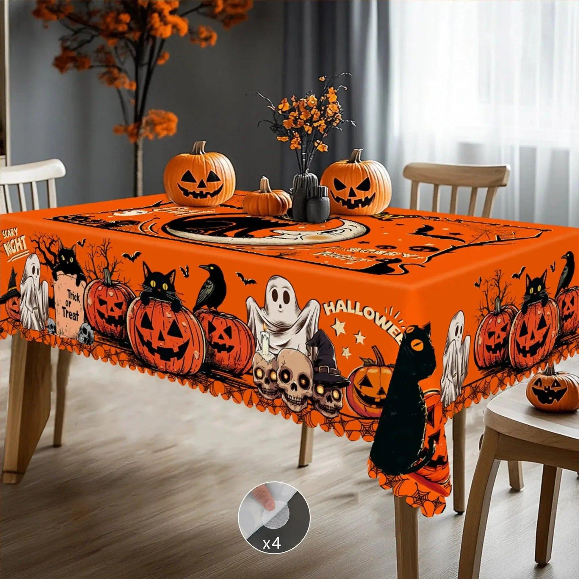 Spooky Pumpkin Moon Black Cat Halloween Tablecloth - Witchy Table Decoration Gothic Tablecloth-MoonChildWorld