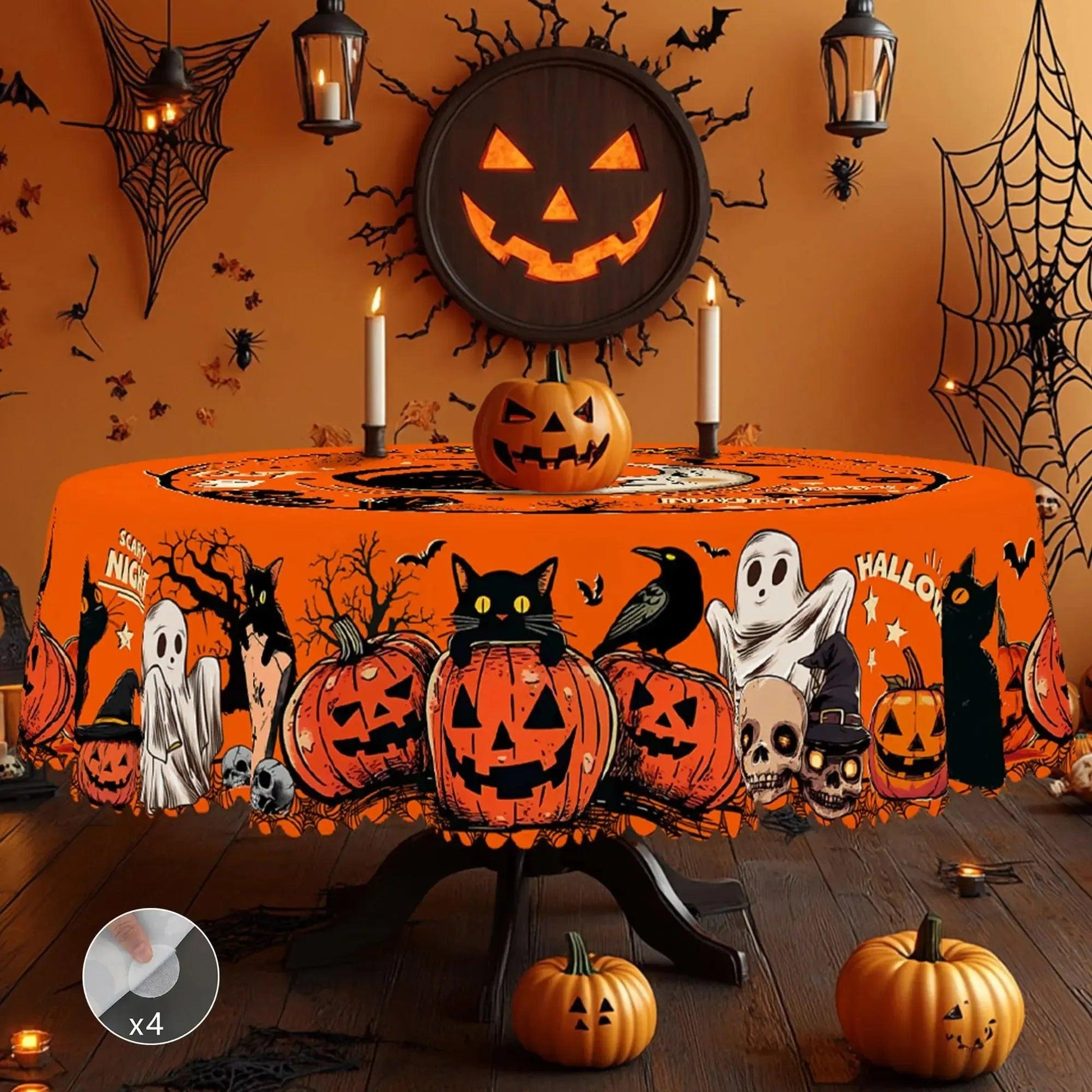 Spooky Pumpkin Moon Black Cat Halloween Tablecloth - Witchy Table Decoration Gothic Tablecloth-MoonChildWorld