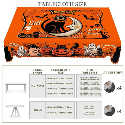 Spooky Pumpkin Moon Black Cat Halloween Tablecloth - Witchy Table Decoration Gothic Tablecloth-MoonChildWorld