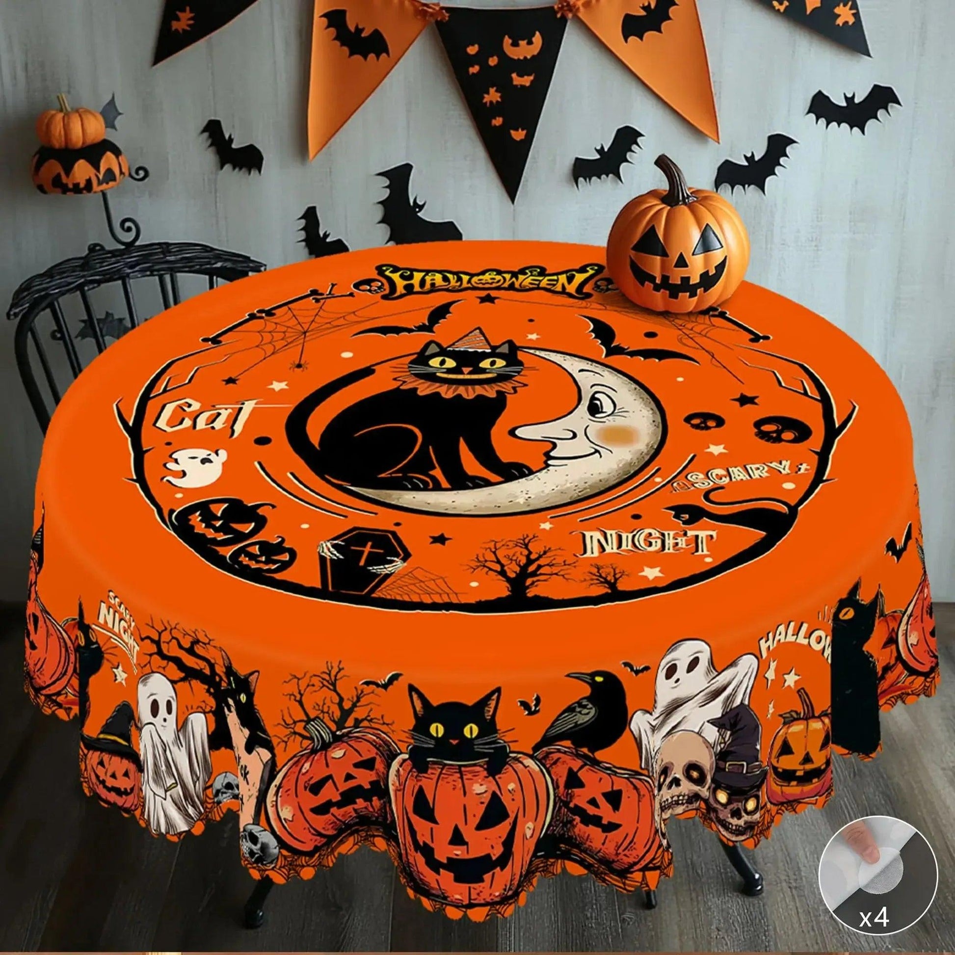 Spooky Pumpkin Moon Black Cat Halloween Tablecloth - Witchy Table Decoration Gothic Tablecloth-MoonChildWorld