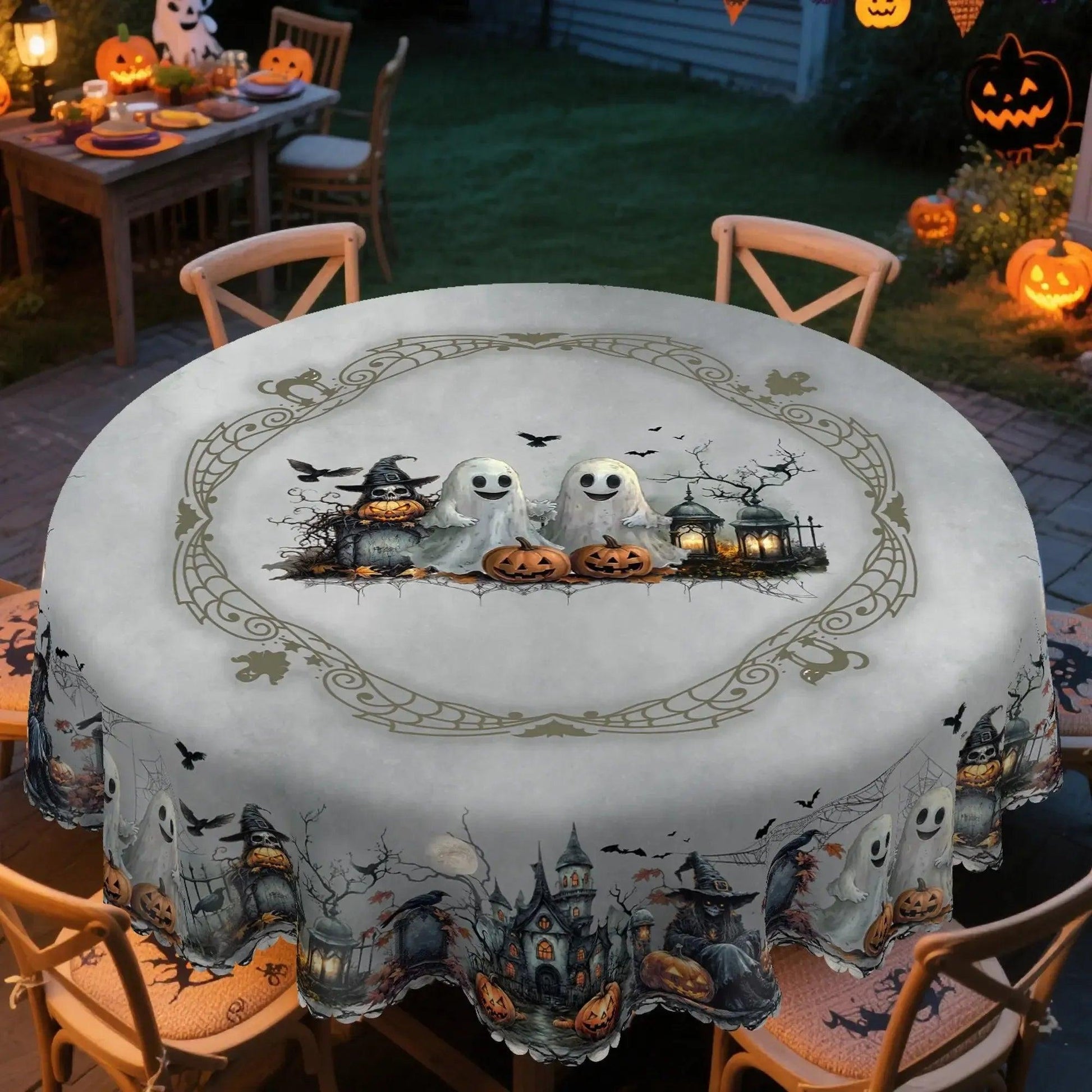 Spooky Pumpkin Raven Gothic Castle Halloween Tablecloth - Witch Tablecloth Table Decoration-MoonChildWorld