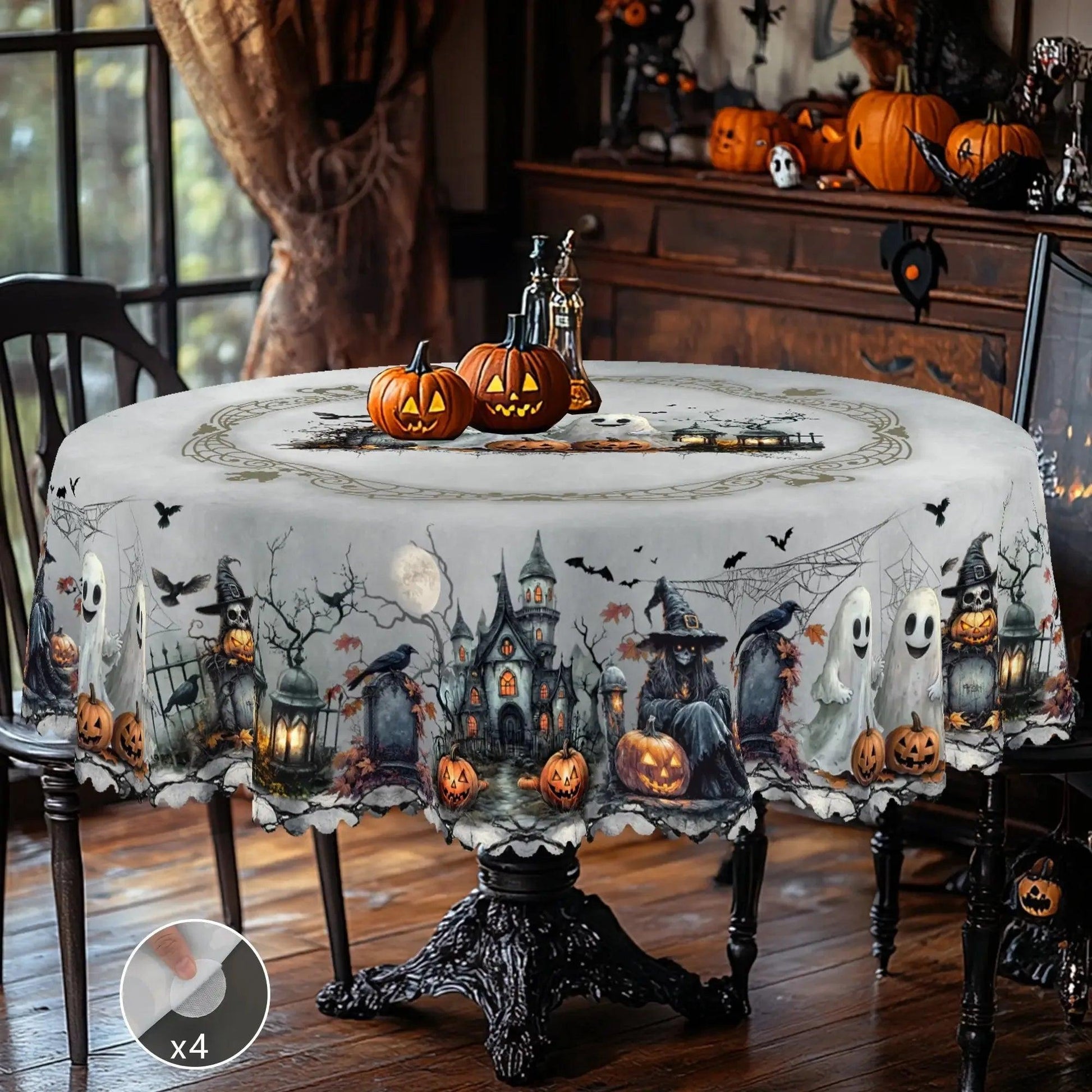 Spooky Pumpkin Raven Gothic Castle Halloween Tablecloth - Witch Tablecloth Table Decoration-MoonChildWorld