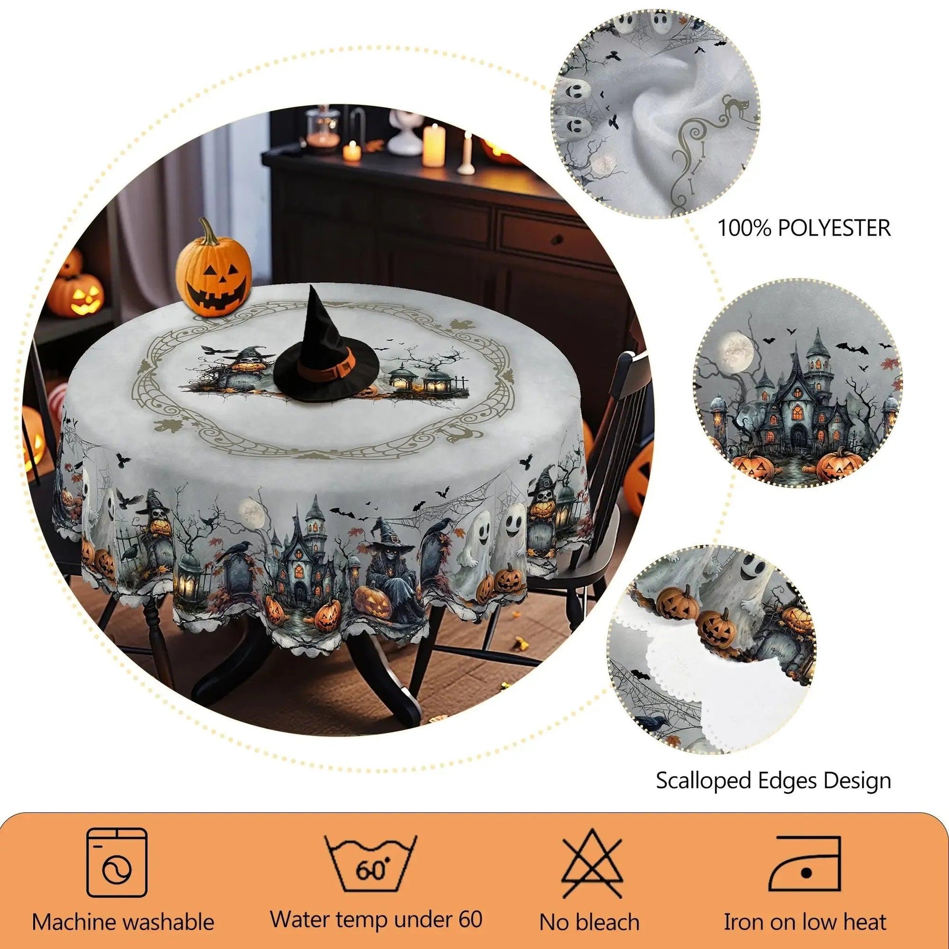 Spooky Pumpkin Raven Gothic Castle Halloween Tablecloth - Witch Tablecloth Table Decoration-MoonChildWorld