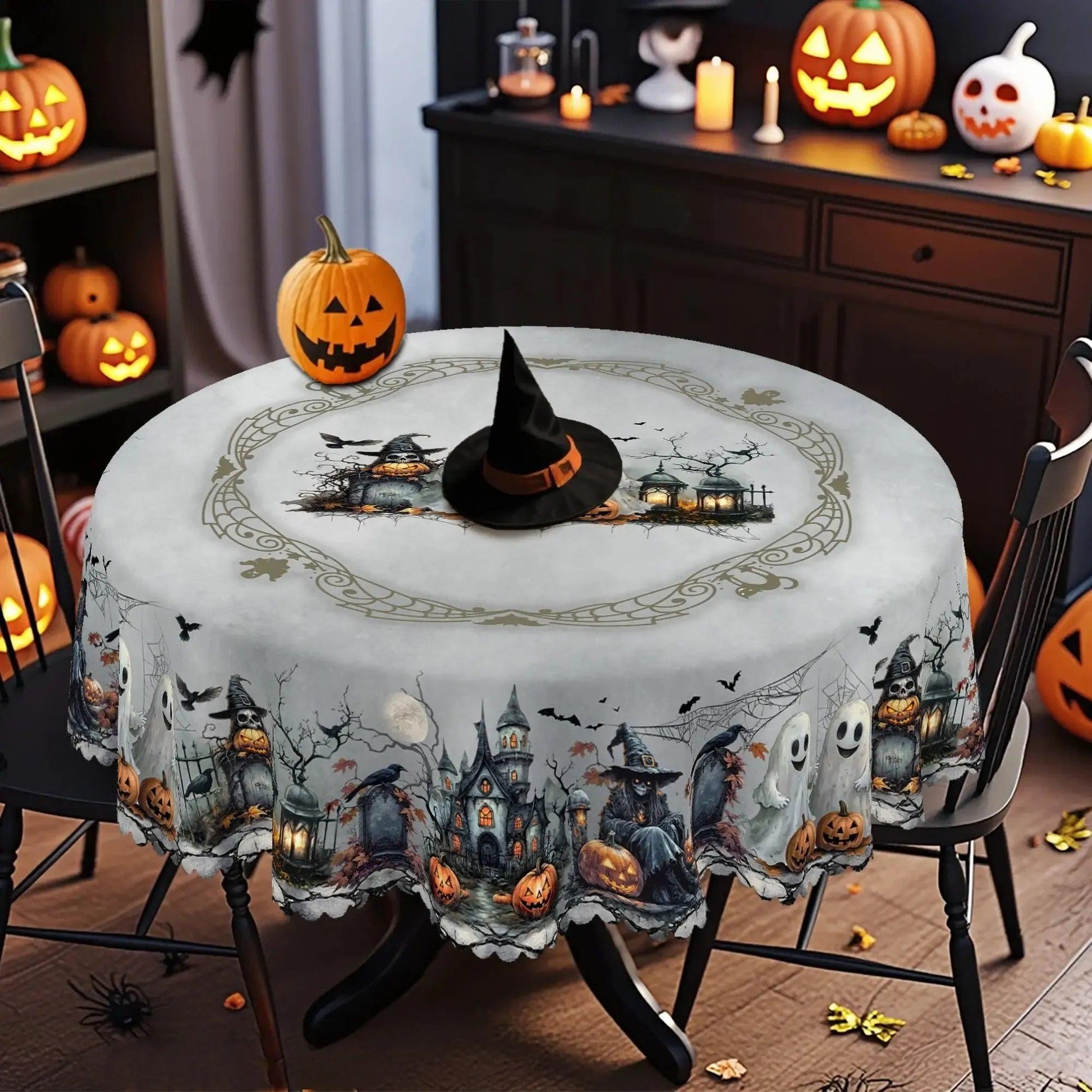 Spooky Pumpkin Raven Gothic Castle Halloween Tablecloth - Witch Tablecloth Table Decoration-MoonChildWorld