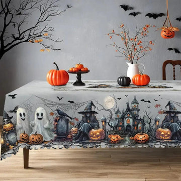 Spooky Pumpkin Raven Gothic Castle Halloween Tablecloth - Witch Tablecloth Table Decoration-MoonChildWorld