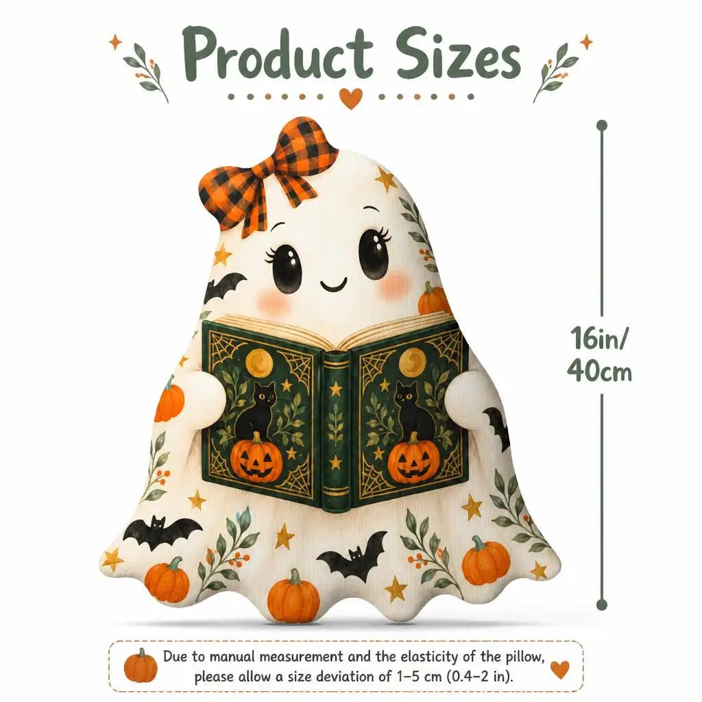 Size guide showing 16 inch / 40 cm: decorative plush pillow featuring ghost book-lover artwork