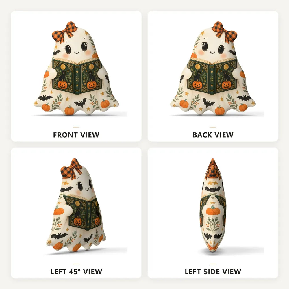 Front, back and side views: decorative plush pillow featuring ghost book-lover artwork