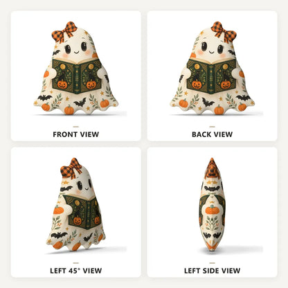 Front, back and side views: decorative plush pillow featuring ghost book-lover artwork