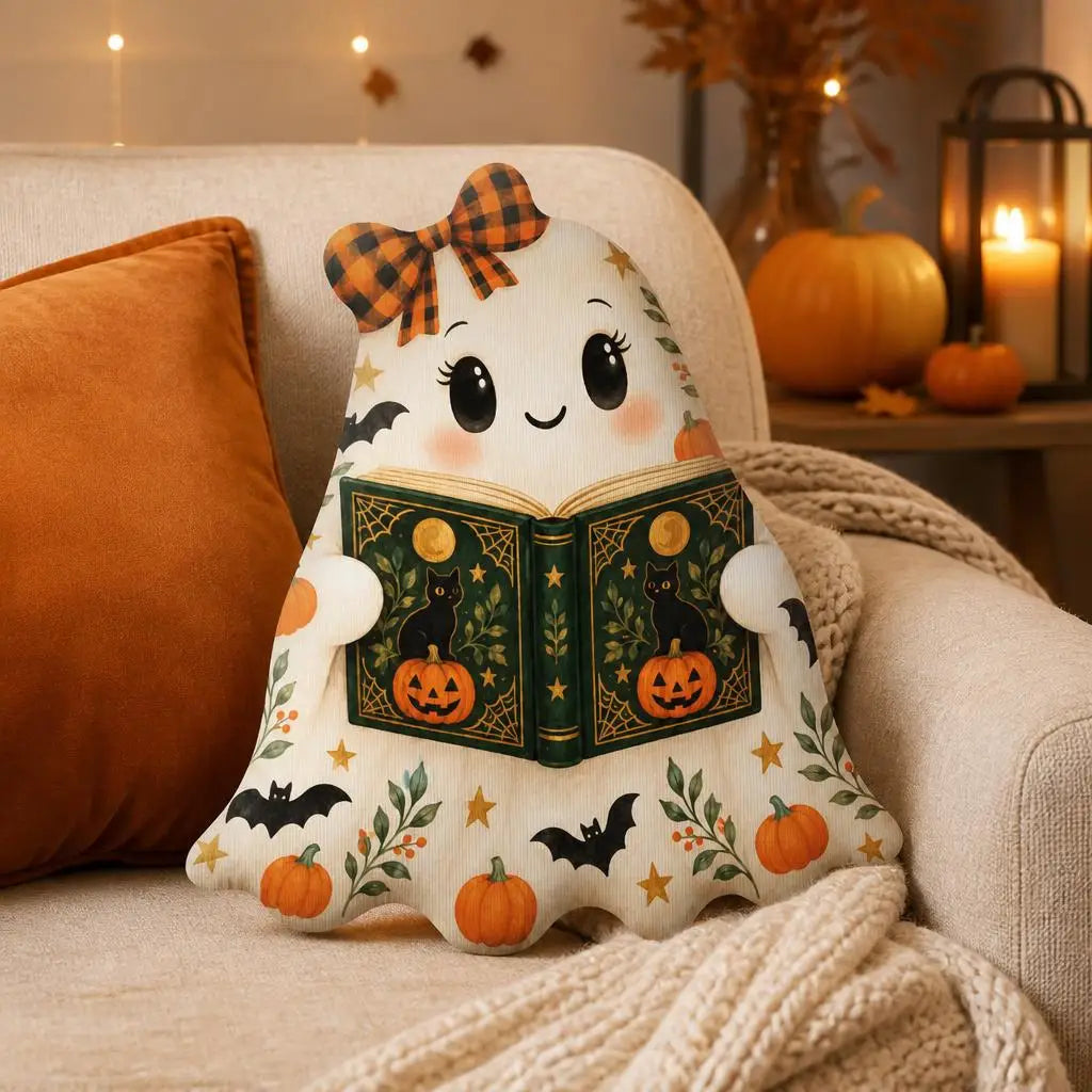 Alternate styled room view: decorative plush pillow featuring ghost book-lover artwork