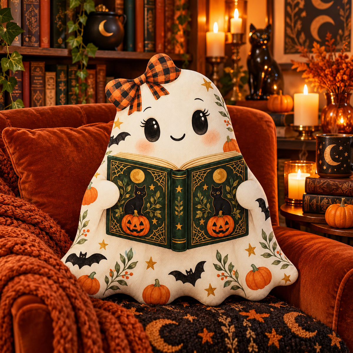 Spooky Reading Ghost Book Lover Pillow in a witchy room