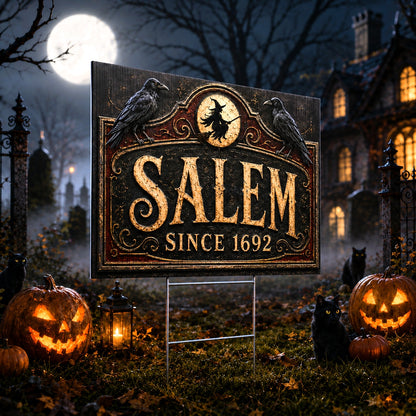 Spooky Witch Raven Salem Halloween Yard Sign - porch scene