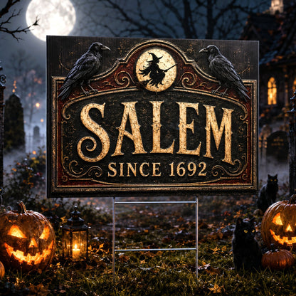 Spooky Witch Raven Salem Halloween Yard Sign - front view
