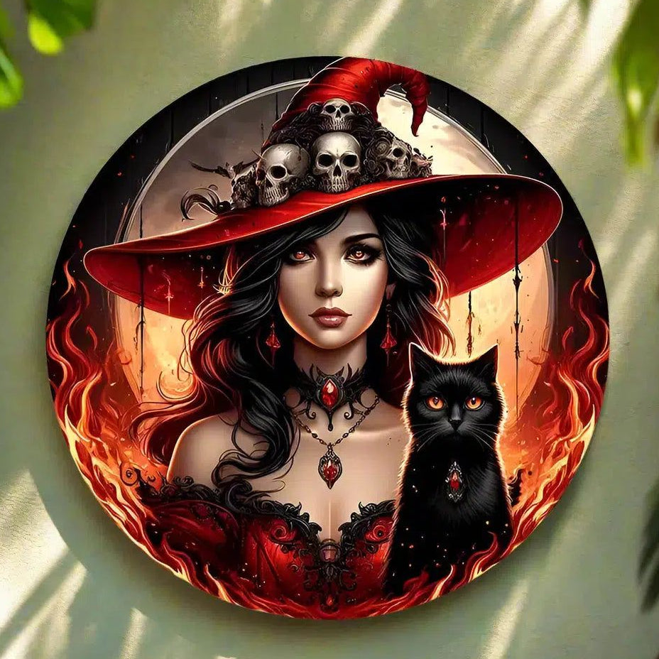 Spooky Witch and Black Cat Metal Sign Halloween Home Decor-MoonChildWorld