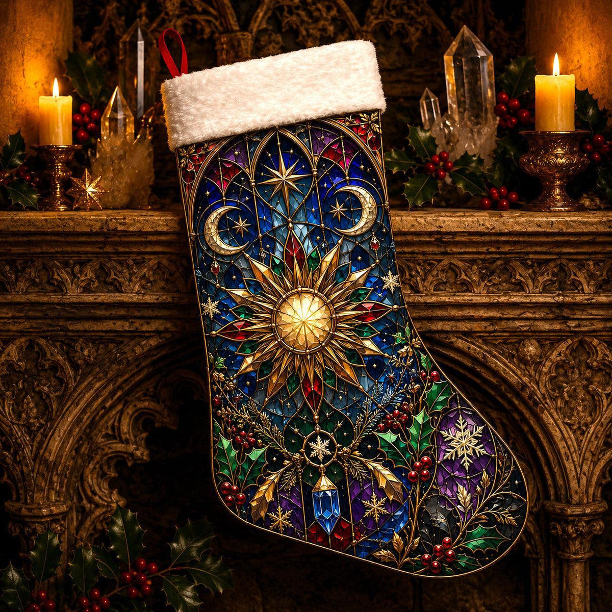 Stained Glass Sun Christmas Stocking Celestial Solstice Decor, styled shot 4