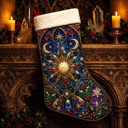 Stained Glass Sun Christmas Stocking Celestial Solstice Decor, styled shot 4