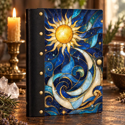 Stained Glass Sun Moon Journal on a candlelit pagan ritual altar
