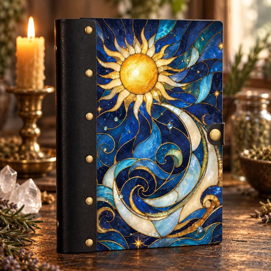 Stained Glass Sun Moon Journal on a candlelit pagan ritual altar