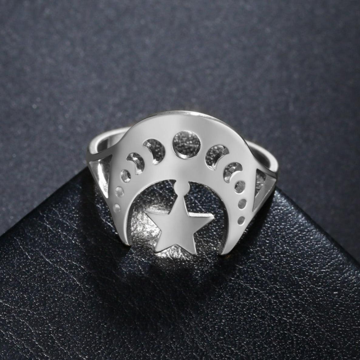 Star Crescent Moon Phase Ring Wiccan Jewelry-MoonChildWorld