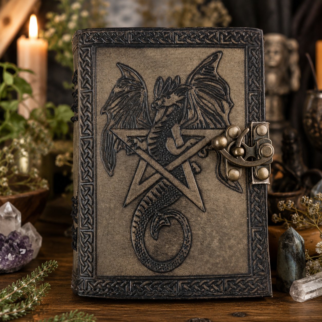 Star Dragon Leather Journal – Handmade Antique Witch Grimoire Writing Notebook – leather journal, open blank pages view