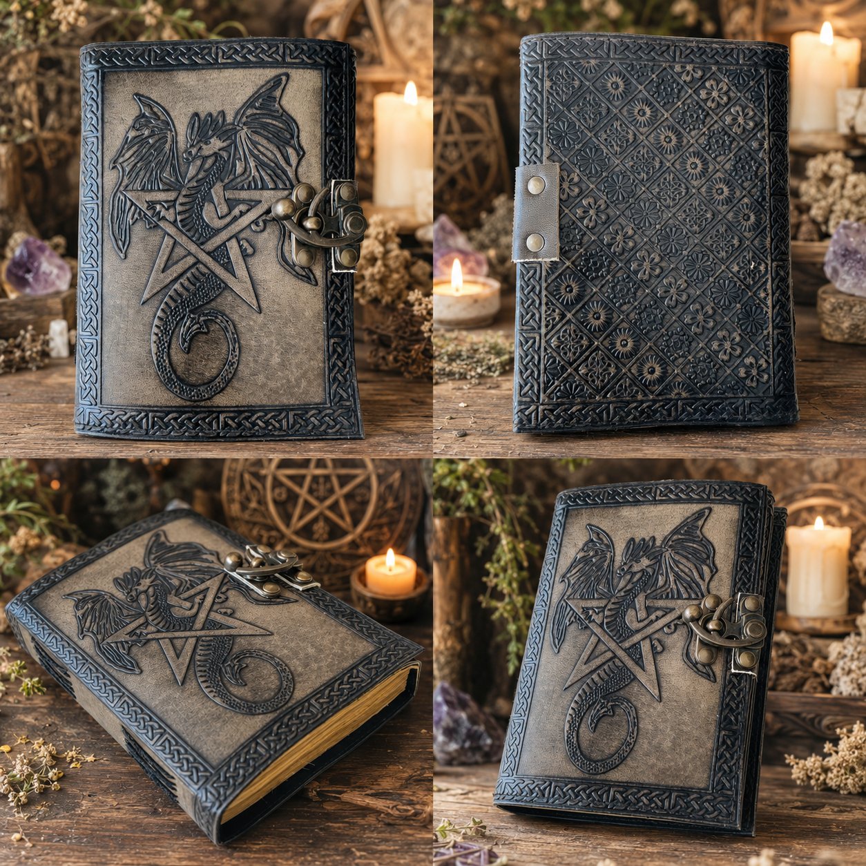 Star Dragon Leather Journal – Handmade Antique Witch Grimoire Writing Notebook – leather journal, close-up cover detail