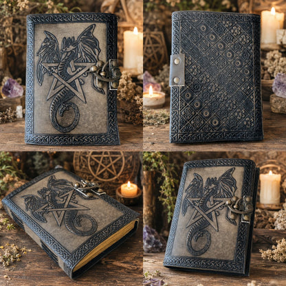 Star Dragon Leather Journal – Handmade Antique Witch Grimoire Writing Notebook – leather journal, close-up cover detail