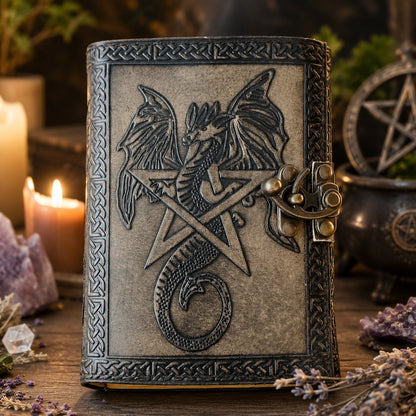 Star Dragon Leather Journal – Handmade Antique Witch Grimoire Writing Notebook – leather journal, front cover view
