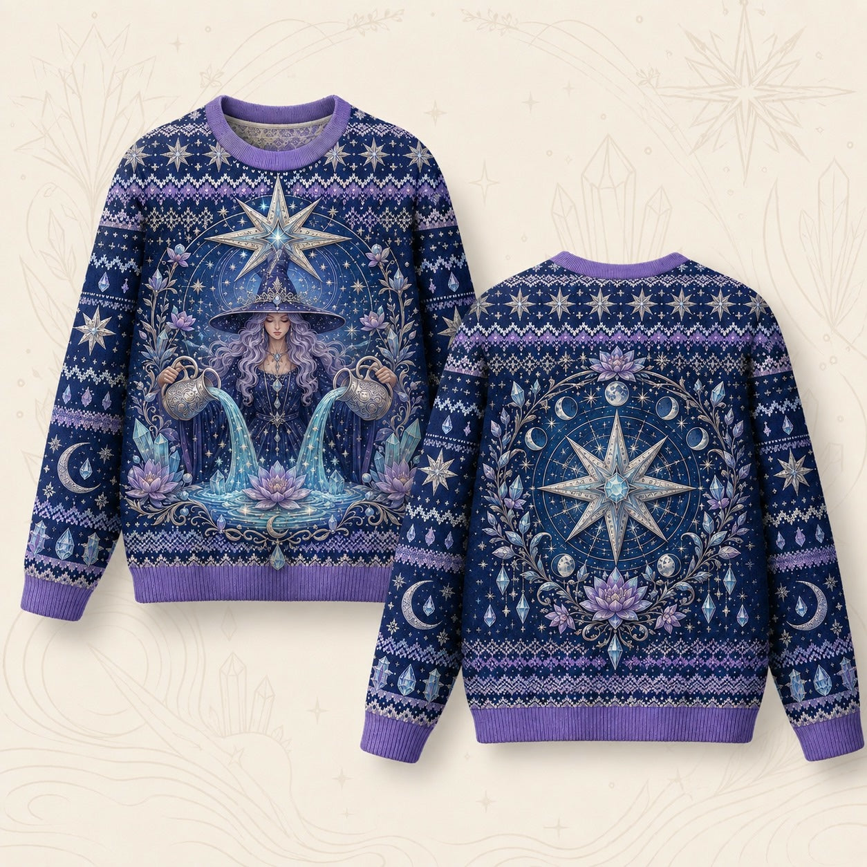 Star Witch Sweater Lotus Moon Phases Periwinkle Knit Jumper front and back together