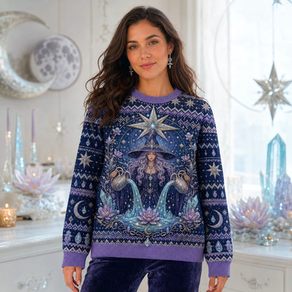Star Witch Sweater Lotus Moon Phases Periwinkle Knit Jumper worn, front view
