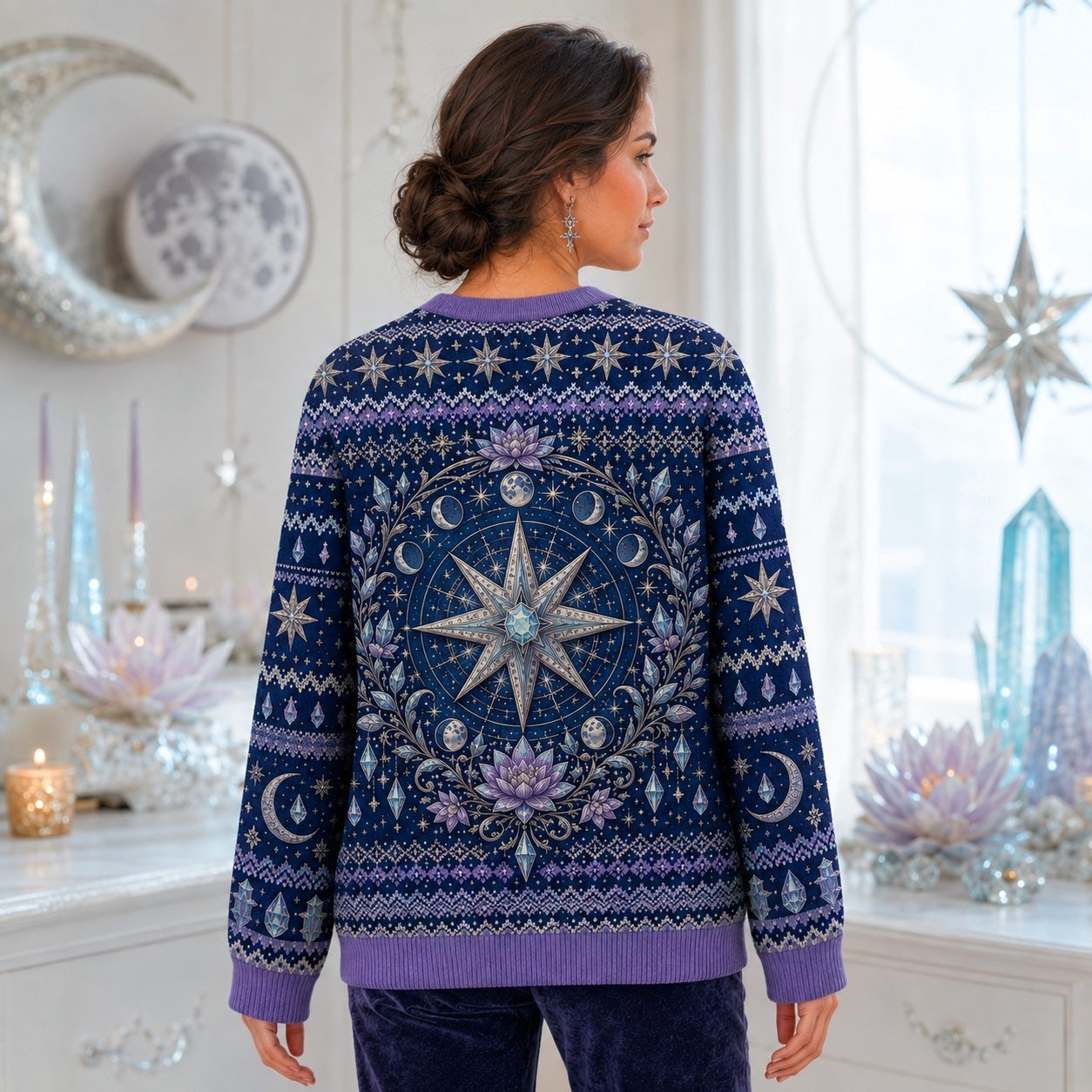 Star Witch Sweater Lotus Moon Phases Periwinkle Knit Jumper worn, back view