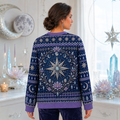 Star Witch Sweater Lotus Moon Phases Periwinkle Knit Jumper worn, back view