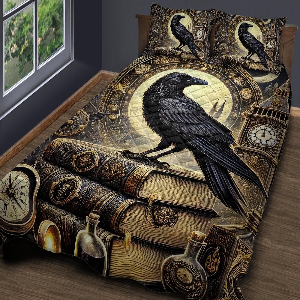 Steampunk Black Raven Quilt Bedding Set for Gothic Home Decor-MoonChildWorld