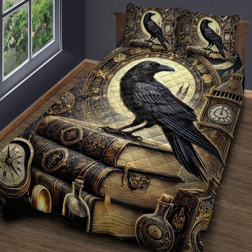 Steampunk Black Raven Quilt Bedding Set for Gothic Home Decor-MoonChildWorld