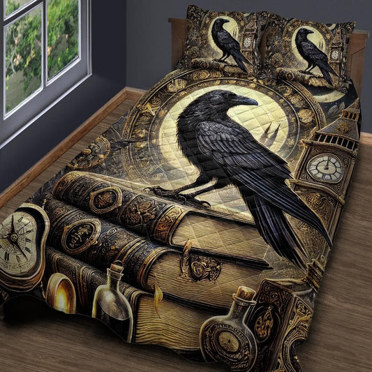 Steampunk Black Raven Quilt Bedding Set for Gothic Home Decor-MoonChildWorld