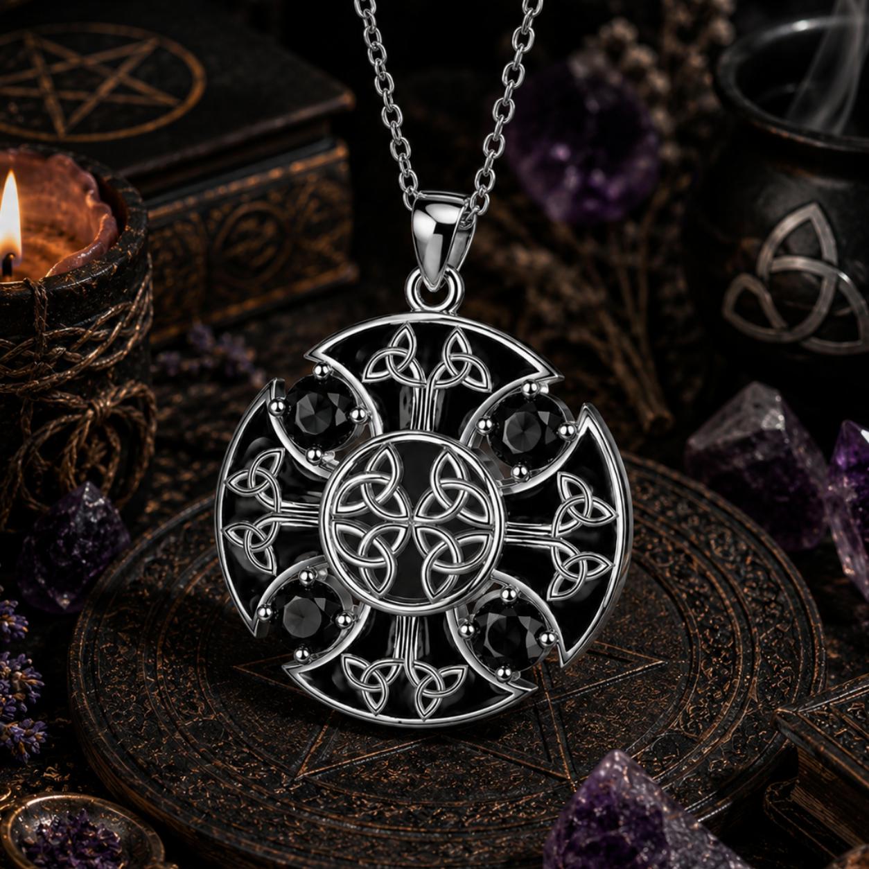 Sterling Silver Triquetra Celtic Knot Pendant Pagan Trinity Knot Necklace with Black Cubic Zirconia Wicca Jewelry ﻿-MoonChildWorld