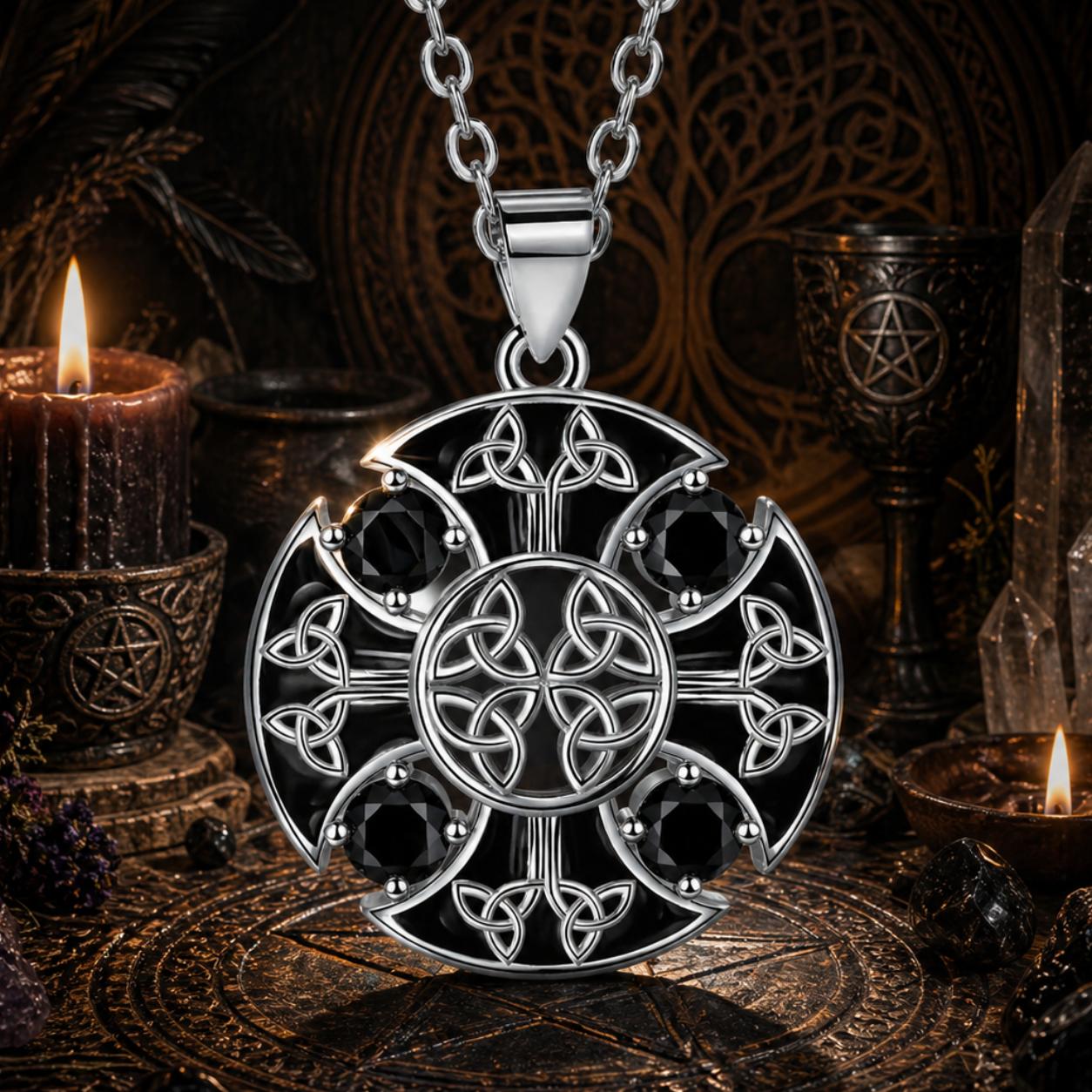Sterling Silver Triquetra Celtic Knot Pendant Pagan Trinity Knot Necklace with Black Cubic Zirconia Wicca Jewelry ﻿-MoonChildWorld