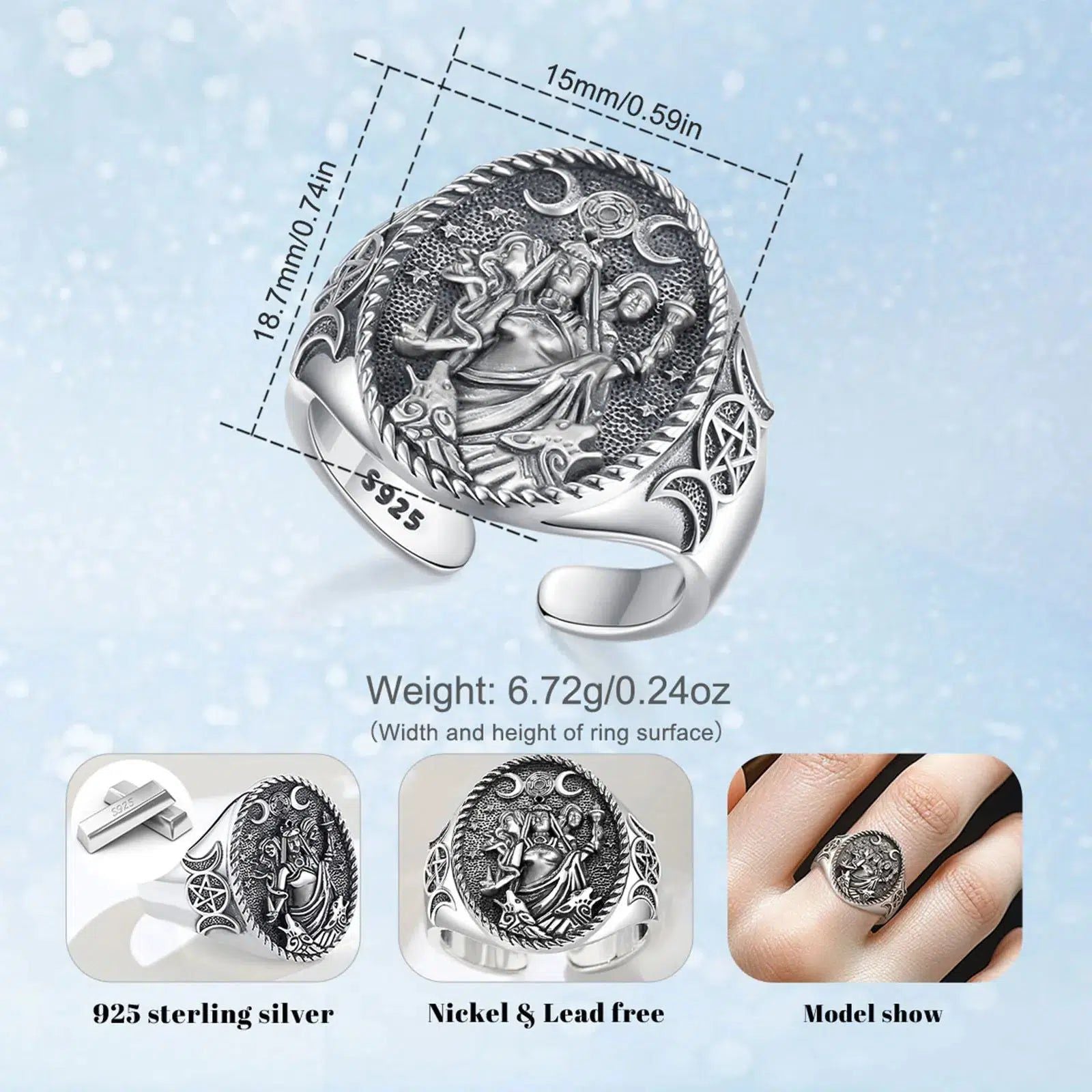Silver Wicca Triple Moon Goddess Ring | Hecate Amulet for Women