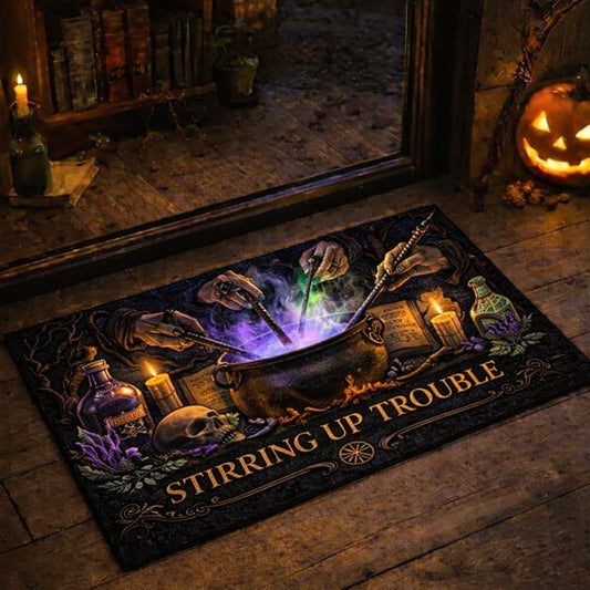 Black witchy doormat with "Stirring Up Trouble" text, a cauldron, hands, candles, and potions.