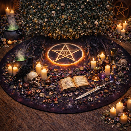 Dark Solstice Celtic Pentagram Yule tree skirt in velvet, surrounded by gothic decor, candles, and a raven.