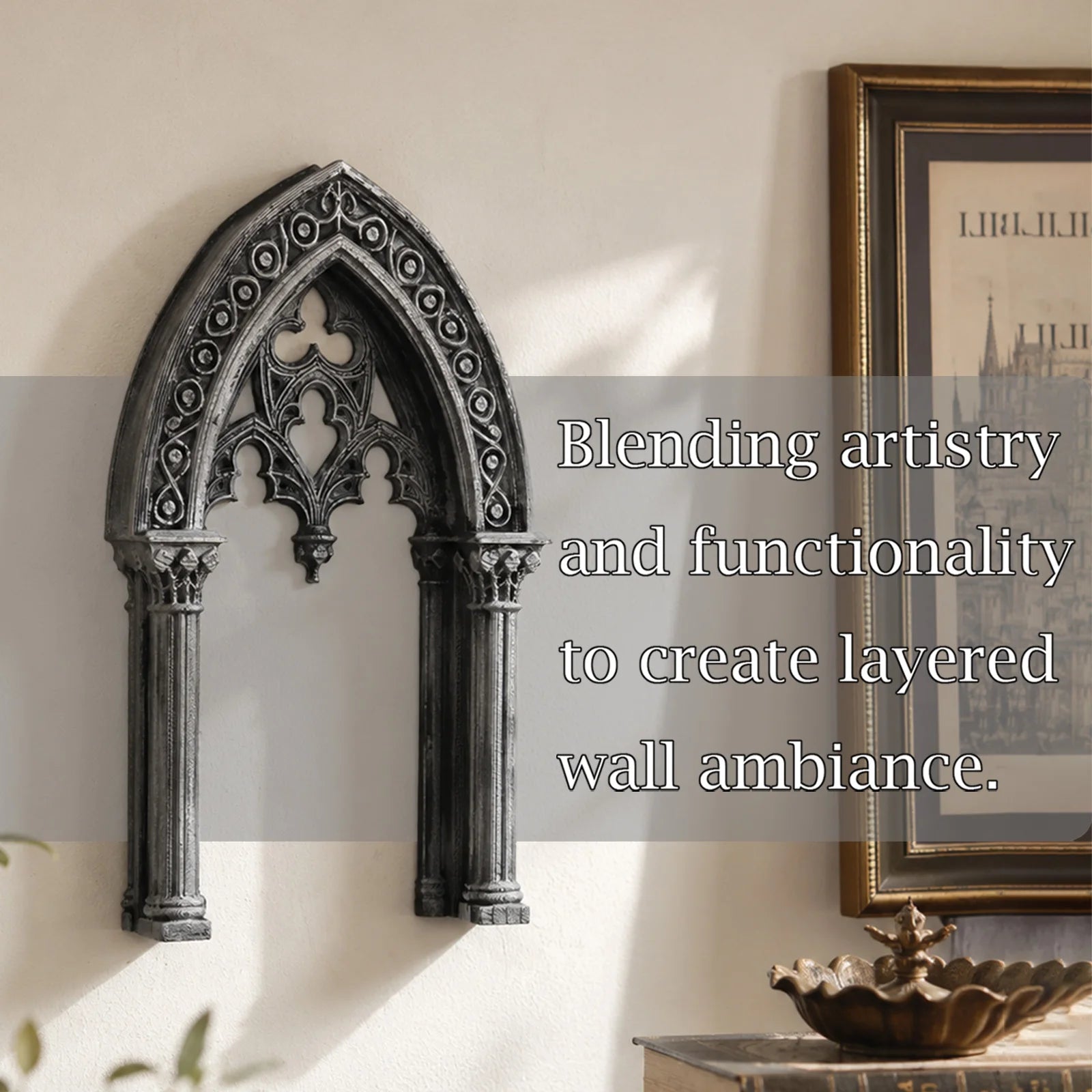 Gothic arch window plaque – stone effect tracery detail close-up