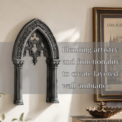 Gothic arch window plaque – stone effect tracery detail close-up