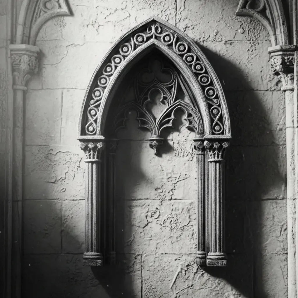 Ruin style arch window – weathered stone finish detail