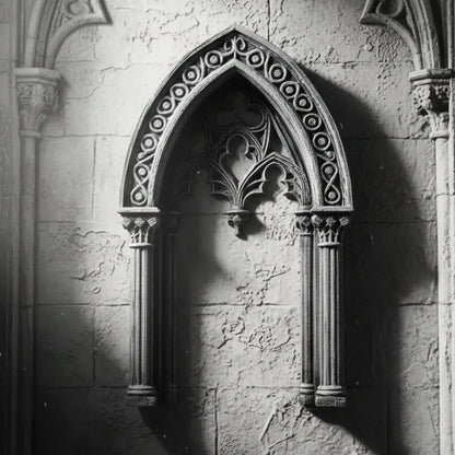 Ruin style arch window – weathered stone finish detail