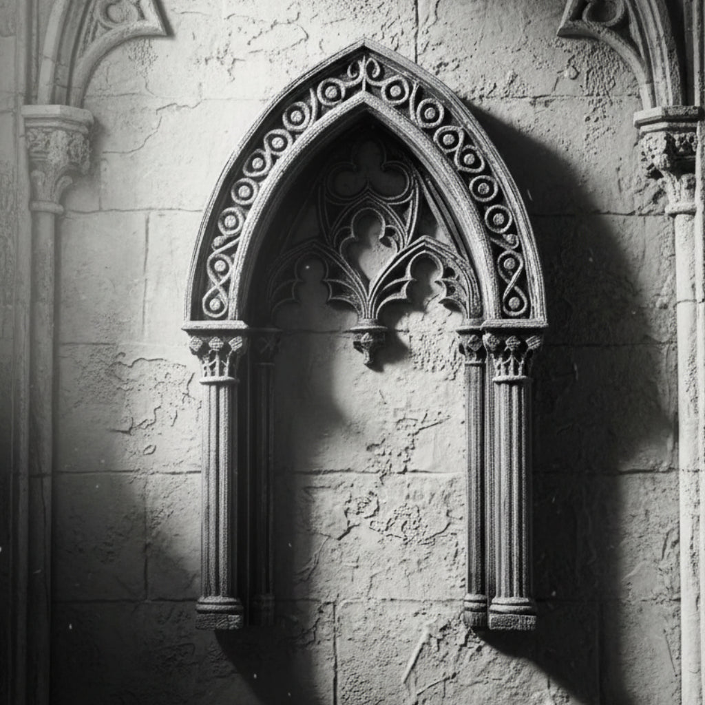 Ruin style arch window – weathered stone finish detail