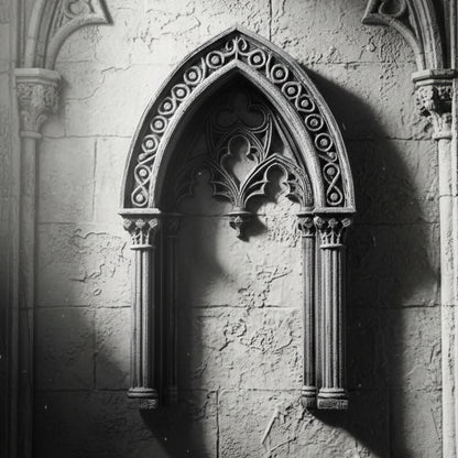 Ruin style arch window – weathered stone finish detail