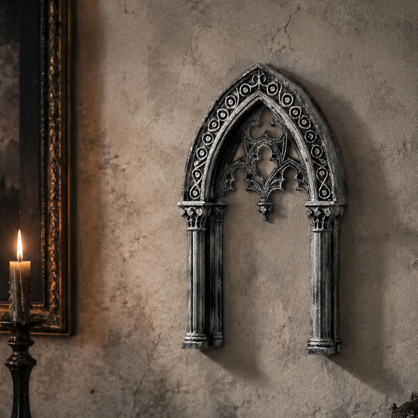 Stone effect gothic church arch window wall decor – hollow carved wall hanging, front view