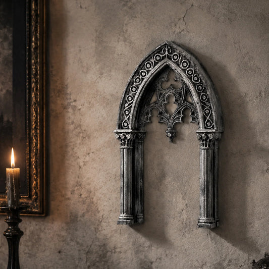 Stone effect gothic church arch window wall decor – hollow carved wall hanging, front view